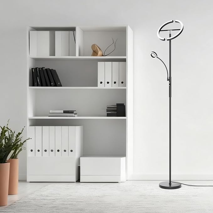 LED Floor Lamp for Living Room - Modern Standing Lamp with Reading Light, Remote Touch Control Floor Light Dimmable Mother-Daughter Tall Bedroom Lamp for Couch Office, 29W, Black