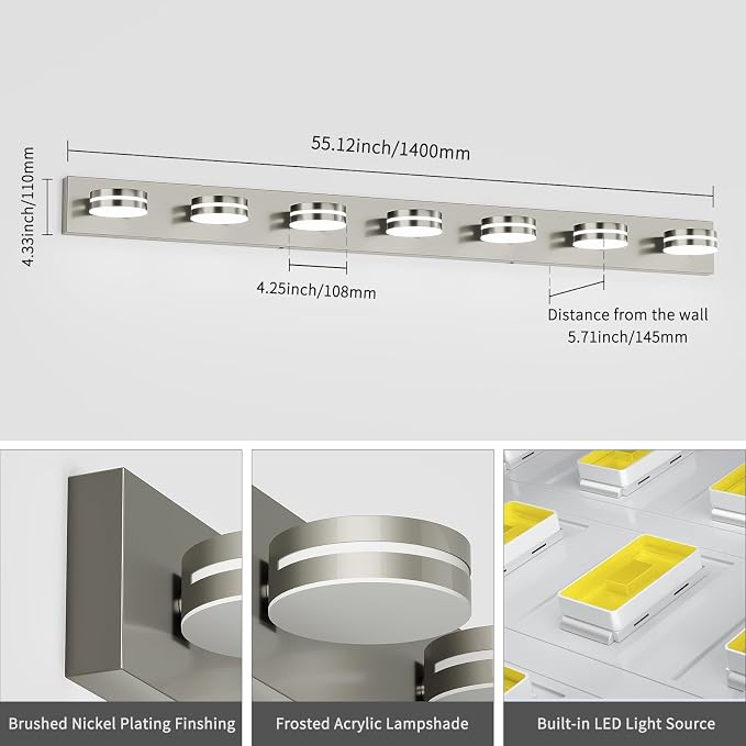 55.12inch Brushed Nickel Vanity Light Fixtures, 7 Light LED Bathroom Vanity Lights Over Mirror, Modern Dimmable Bathroom Wall Lighting for Mirror (Cool White 5500K)