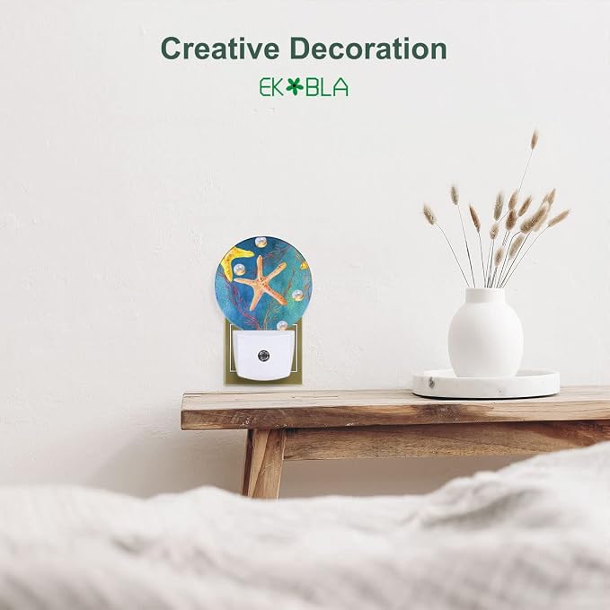 EKOBLA Seashell Pearl and Starfish Night Light, Summer Teal Blue Night Lights Plug Into Wall with Dusk to Dawn Light Sensors, Coastal Nightlights for Bedroom, Bathroom