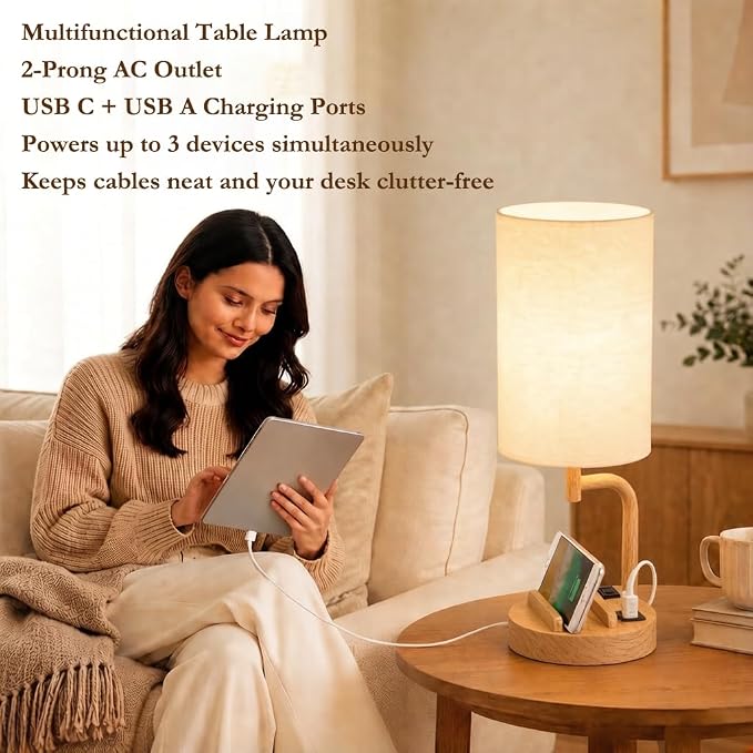 Dreamholder Touch Control USB Table Lamp with USB C/A & AC Outlet, 3-Way Dimmable Bedside Lamp, Modern Nightstand Lamps for Bedroom Living Room Guest Room Office, Bulb Included, Woodgrain