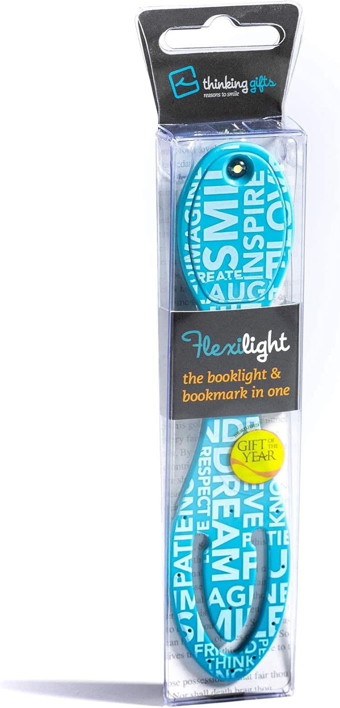 Gifts for Readers & Writers Book Light, Clip On Reading Light for Bed, 2in1 Flexilight & Bookmark, Small & Lightweight with a Soft Glow, 2 Batteries Included, Blue Words