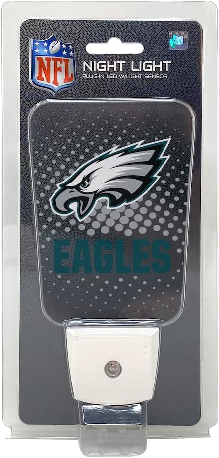 Party Animal NFL Team LED Night Light, with Auto Sensor and 3 Light Settings, Slim 5-Inch Design fits Standard Outlets, Philadelphia Eagles