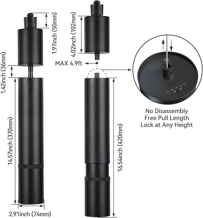 LEONLITE 5CCT Zoomable LED Track Pendant Light, 1600LM Adjustable Height H Track Pendant Lighting, ETL, Dimmable, Beam Angle 10°–70°, Commercial Retractable Hanging Light for Cafe, Black, Pack of 3