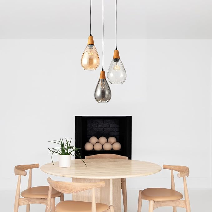 Modern Glass Pendant Light Fixtures, 3 Lights Hammered Glass Pendant Lights, Vintage Cluster Pendant Light in Matte Black Finish, Hanging Lamp for Dining Room Kitchen Sink Foyer Cafe Bar