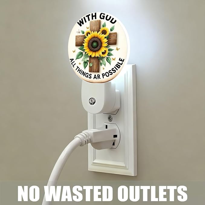 Mugod Sunflower and Cross Plug-in Nightlights All Things are Possible Inspirational Quote Night Light Plug into Wall with Dusk-to-Dawn Sensor LED Lighting 0.5W Sleep-Friendly