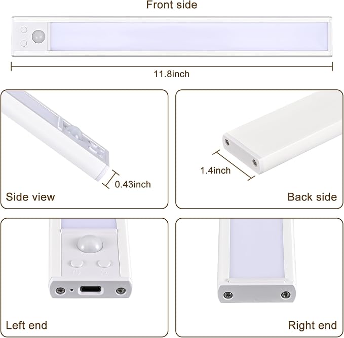 12 Inch Under Cabinet Light, USB Rechargeable Dimmable Motion Sensor LED | Clip-On Adhesive Wireless Mount, Tool-Free Install for Kitchen, Pantry, Wardrobe, Counter, Hallway, Stairs