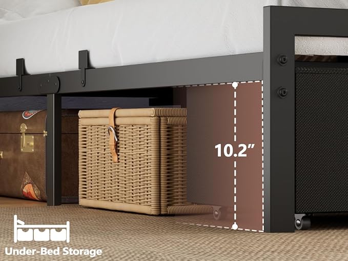 Full Size Bed Frame with 2 Storage Drawers & Upholstered Headboard | Metal Platform Bed with Storage Shelf, Charging Station, LED Lights and Heavy-Duty slats, No Spring Box Needed, Noise-Free