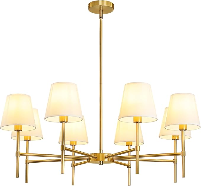 Dining Room Chandeliers Light - 8-Light Gold Modern Chandelier with Fabric Shade, Height Adjustable Mid Century Ceiling Lighting Fixture for Bedroom Kitchen Entryway Foyer