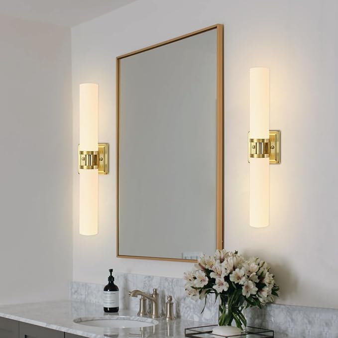 Gold Wall Sconces Set of Two, Bathroom Sconces with Frosted Glass Shade, Modern Vanity Sconces Lighting over Mirror, Wall Light Fixtures for Living Room Bedroom Hallway (Bulbs Not Included)