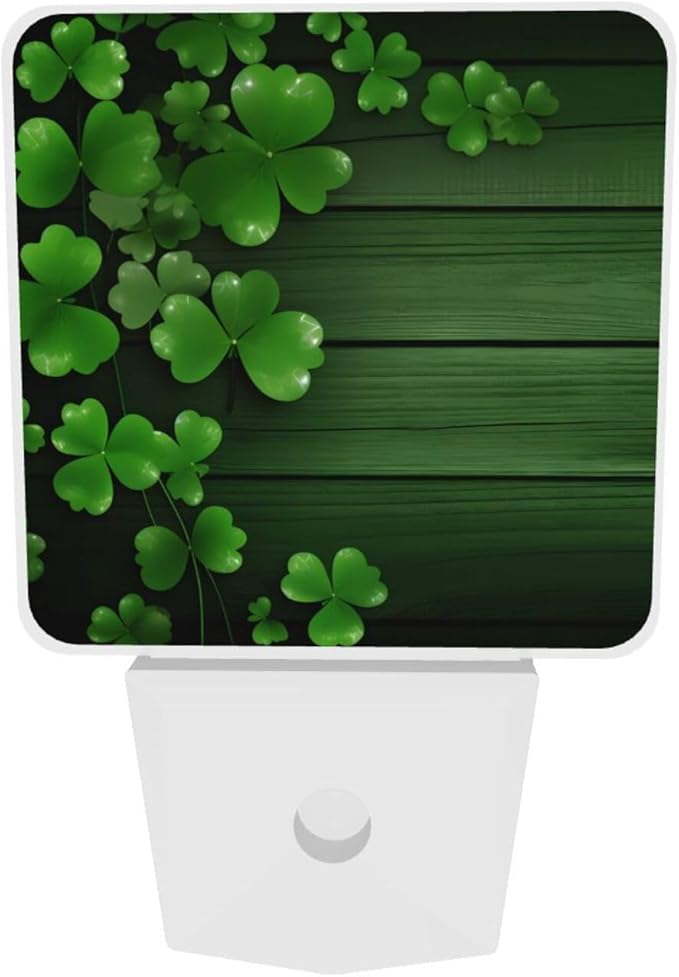 Green Clovers Wood Night Light Set of 2, St Patrick's Day Auto Sensor LED Dusk-to-Dawn Nightlights, Plug-in Sensor Lamp for Bedroom Bathroom Kitchen Hallway Stairs Decorative