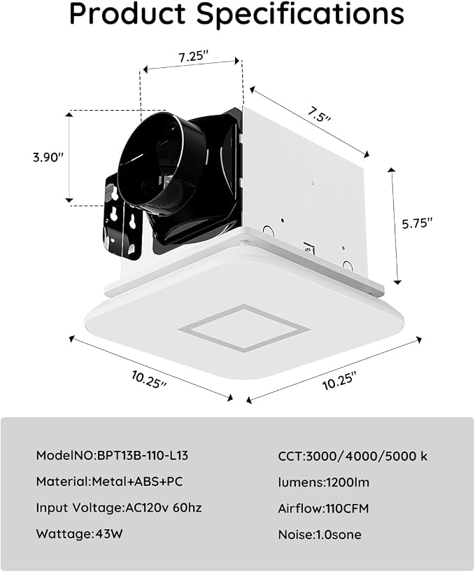 Fitop Bathroom Fan with Light,110CFM 1.0 Sones 1200lm LED Light 3000K/4000K/5000K Selectable,120V 43W Quiet Bathroom Ventilation Exhaust Fan for Shower/Restroom/Office/Home(silver)