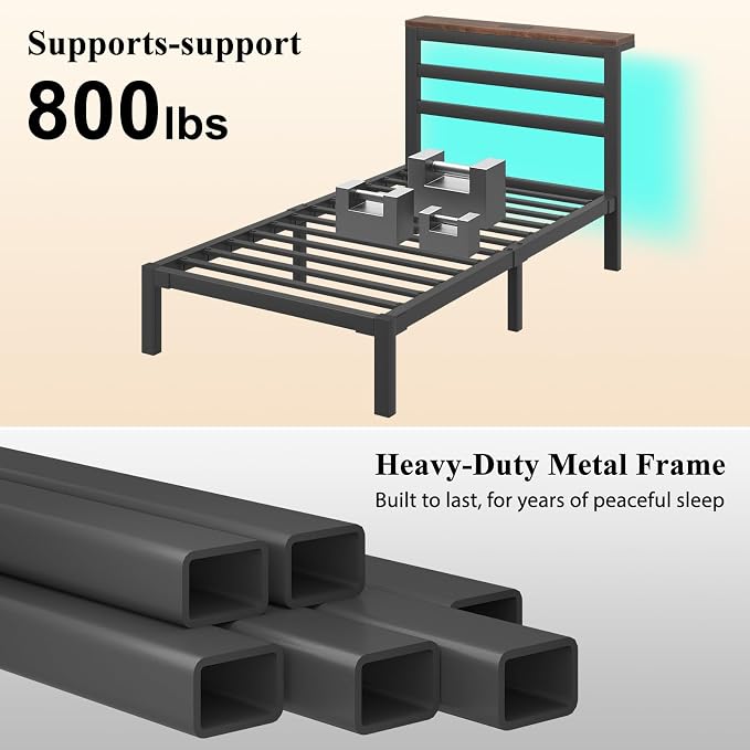 LOEWAY Twin Size Metal Bed Frame with Storage Headboard & LED Lights, Black | Built-In Charging Station, Under-Bed Storage, Heavy Duty Metal Slats, No Box Spring Needed, Solid and Stable, Easy Assembly