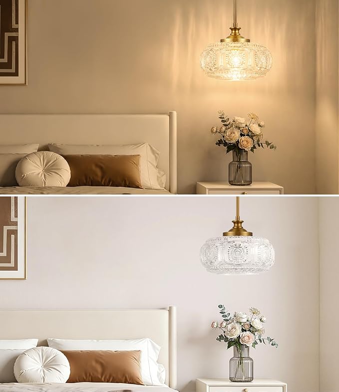 Large Gold Pendant Lights Kitchen Island, Flush Ceiling Light | 12 inch, Clear Glass Shade, Vintage Pendant Light, Adjustable Hanging Light for Kitchen Island Bedroom Hallway Bathroom