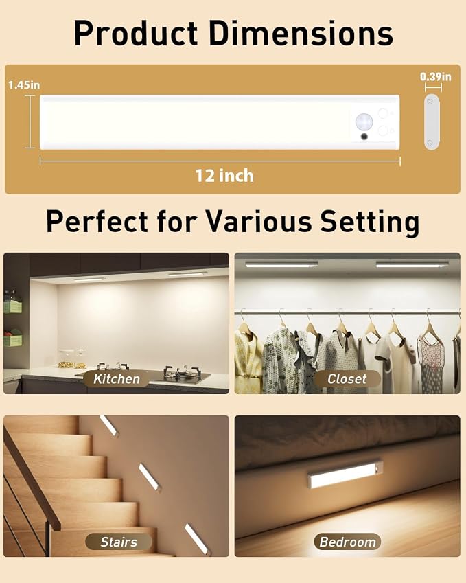 80-LED Motion Sensor Light Indoor with Remote, 12 inch Under Cabinet Lighting Wireless, Timer & Dimmable Under Cabinet Lights, Under Counter Lights for Kitchen, Stairs, Hallway, 3 Color, 2Pack