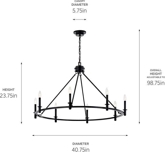 KICHLER Carrick 8-Light Chandelier, Updated Traditional Light in Black, Sloped Ceiling Compatible, for Dining Room, Office, Foyer or Bedroom (23.7" x 40.75"), 52706BK