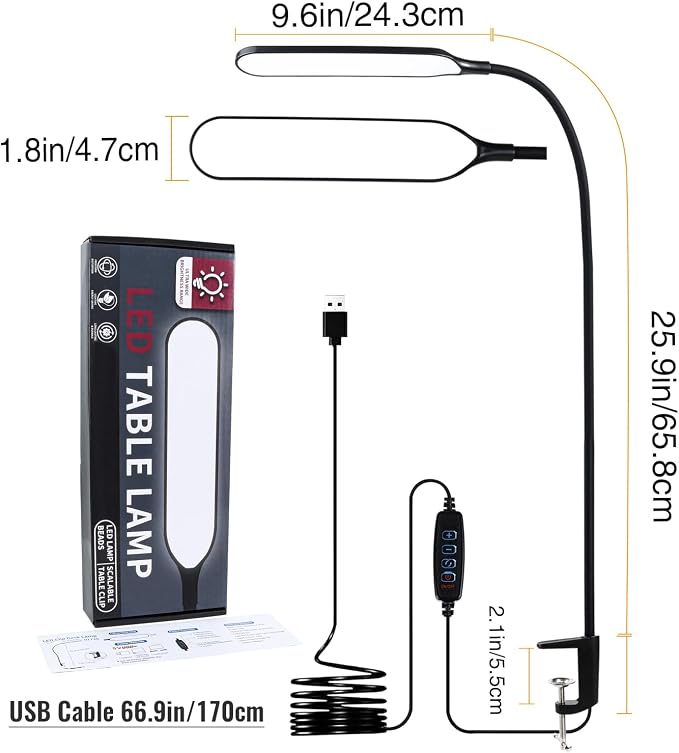 8W LED Desk Lamp with Long Gooseneck and USB Cable, 800LM | Metal Dimmable Clip on Lamp, 3 Colors and 10 Modes, Eye-Caring for Home Office Reading
