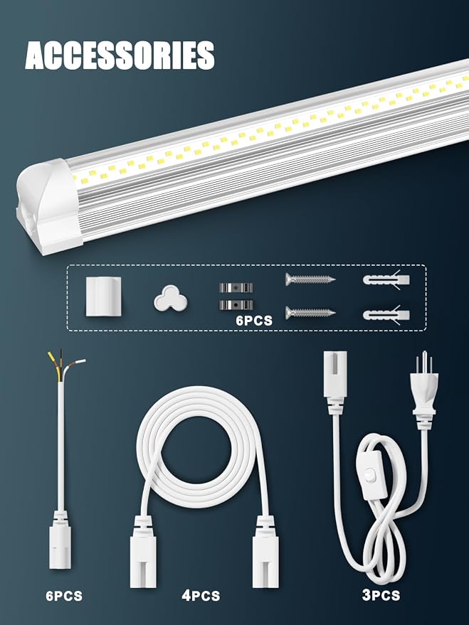Industrial-grade Ultra-Bright 100W 8FT Led Shop Lights 15000LM 6Pack | 8' 100-277V 5000K Daylight Linkable 8 Foot led shop lights 8ft for Garage Shop Workshop Warehouse Barn Lighting with 5FT Plug