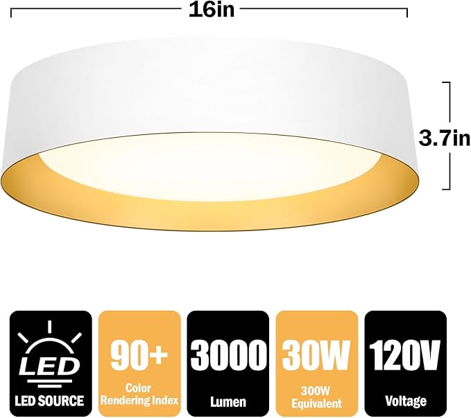 Flush Mount Ceiling Light, 16in Modern Ceiling Light 5 Color Temperature | 30W Bathroom Ceiling Light Fixture, 3000LM Dimmable LED Flush Mount Light for Bedroom, Hallway, Kitchen, White & Gold, 2-Pack