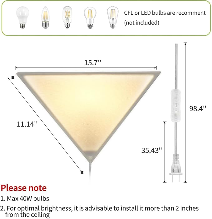 Corner Ceiling Light with Switch, Triangle Corner Lamp, 2 Pack | Linen Shade, 8.2ft Clear Cord, Plug in Ceiling Light Safe for Kids & Pets, Corner Lights for Living Room, Bedroom Dark Corner
