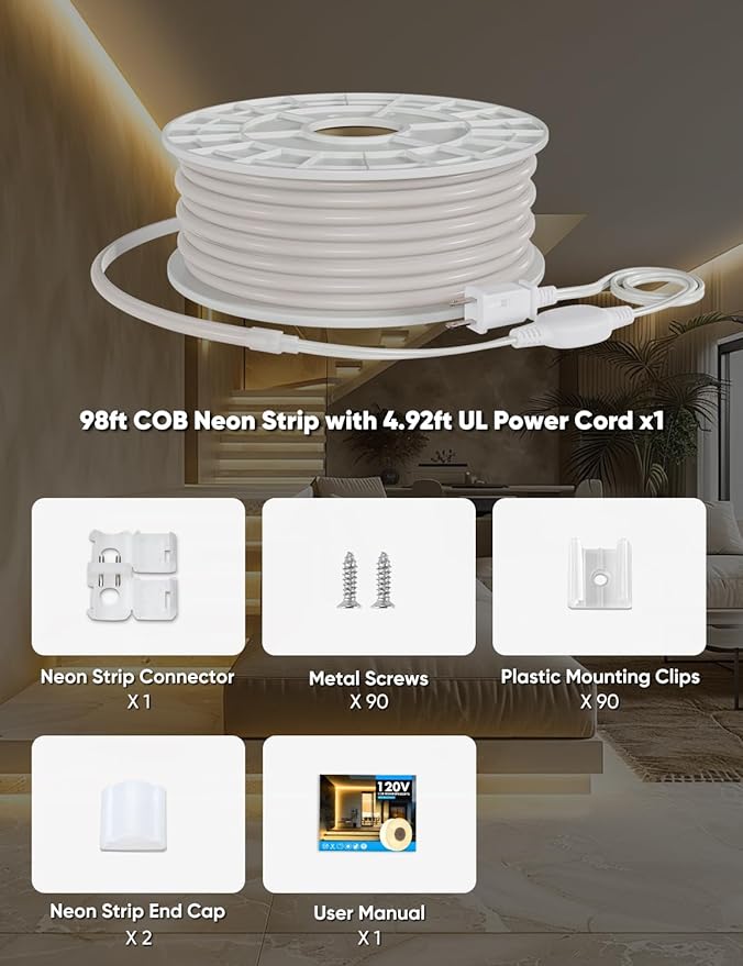 COB Led Neon Rope Lights 98ft 2800K Warm White, 110-120V Outdoor Waterproof Lighting Strip 600lm/m Super Bright, Cuttable and Adhesive, for Roof Bedroom Garden Commercial