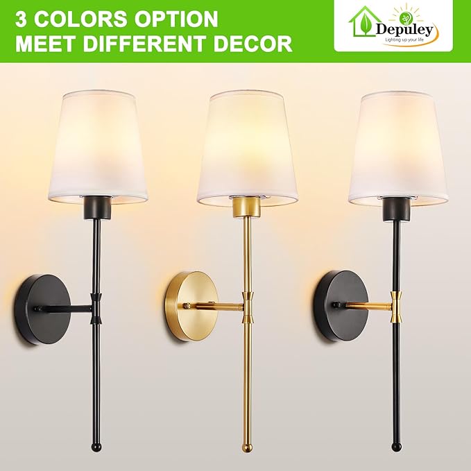 Depuley Battery Operated Wall Sconce: Set of 2 Wireless Wall Lights with Remote for Bedroom - Rechargeable 15 Colors Black and Gold Wall Lamp for Living Room Hallway