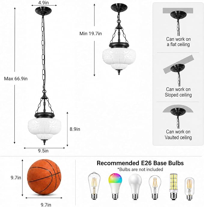 Vintage Matte Black Pendant Light for Kitchen Island, Handblown Textured Milky Glass Hanging Light Fixture, Adjustable Height E26 Pendant Lighting for Dining Room Entryway Hallway