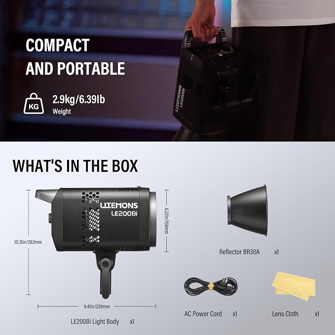 Godox Litemons LE200Bi 220W Bi Color COB LED Video Light Bowens Mount | 57700 Lux@1m CRI/TLCI 98+ Professional Continuous Photography Lighting APP DMX Control Ultra Quiet Luz Continua Godox