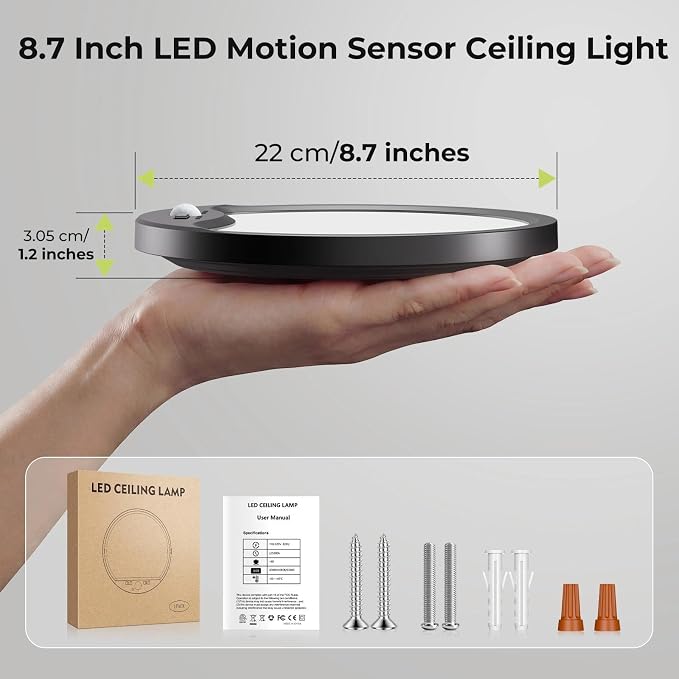 hepside 2 Pack Motion Sensor Ceiling Light Wired, 3000K/4000K/6500K LED Flush Mount Ceiling Light Fixture, 8.7Inch 18W Motion Sensor Light with Timer for Closet Stair Porch Hallway Pantry,Black