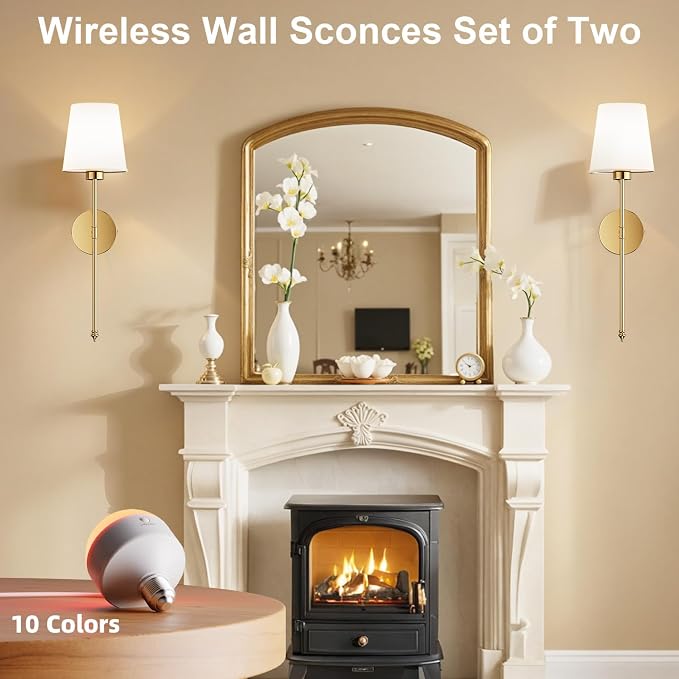 IRONPAX Wall Sconces Battery Operated Set of 2, Wireless Rechargeable Wall Sconce Set of Two, Dimmable Wall Lights with Remote for Bedroom Living Room Hallway Decor (Gold, Fabric Shade)