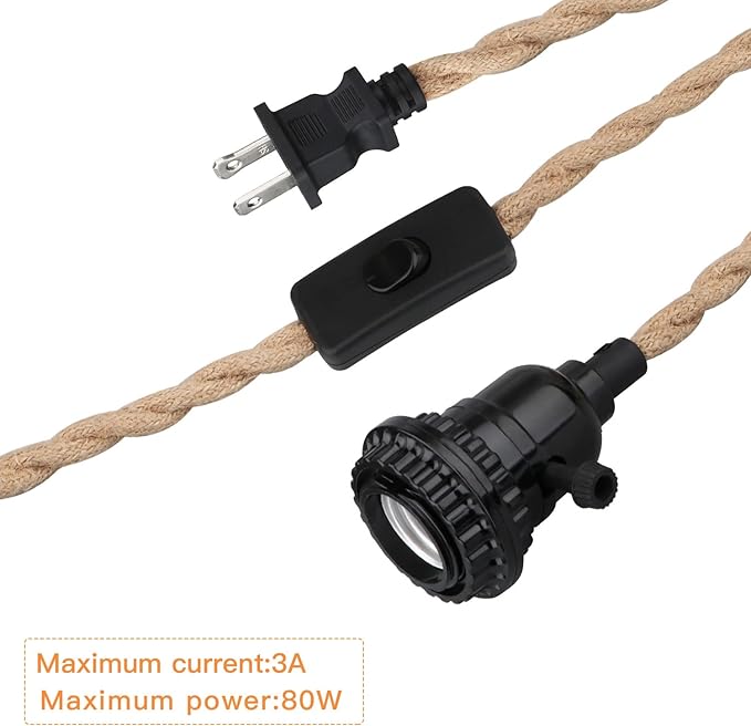 16.5FT Pendant Light Kit, Hanging Lights with Plug in Cord & Switch, Hemp Rope Swag E26 Socket Pendant Lamp, Extension Lantern Cable Vintage Farmhouse Industrial Retro DIY Decoration Fixtures