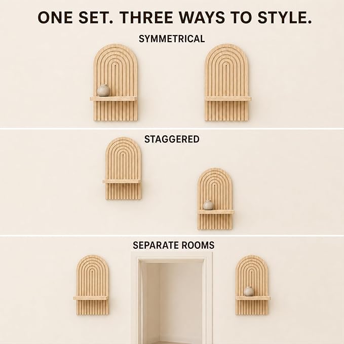 Wall Candle Holder Set of 2, Boho Wall Decor, Arch Candle Sconces, Natural | Natural-tone boho wood wall decor for living room, bedroom, hallway, and entryway, with shelves for lightweight accents.