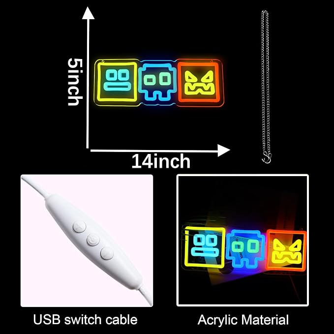 Colorful Arcade Geomotry Cube Neon Sign Rhythm Platform Game | USB Powered Dimmable Neon wall decor for game room, bedroom, streamer setup gift for rhythm platform game lovers 14*5 inch