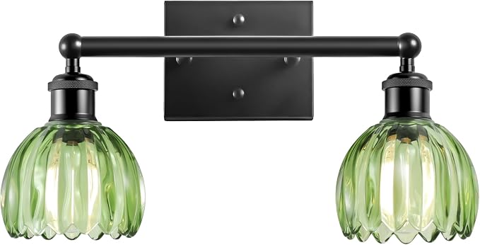 Bathroom Light Fixture,2-Light Vintage Bathroom Sconces Over Mirror, Black Fancy Vanity Lights, Flower Light Fixture with Green Tulip Glass Shade for Bedroom, Living Room, E26 Base