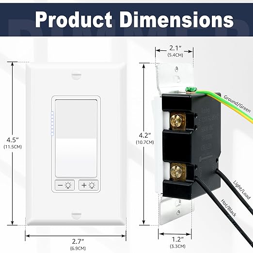 Greencycle 2 Pack Dimmer Light Switch, Single Pole or 3-Way, Compatible with 300W LED/CFL & 600W Incandescent/Halogen, 15A 120V, No Neutral Wire Required, UL Listed, Wall Plate Included, White