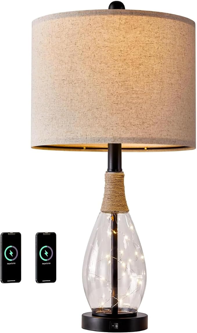 Bedside Table Lamp with USB, 23‘’ Black Modern Nightstand Lamps for Bedroom, Retro Rattan Table Lamps for Night Stands, Living Room, Farmhouse Table Lamp with Glass Nightlight Lamps