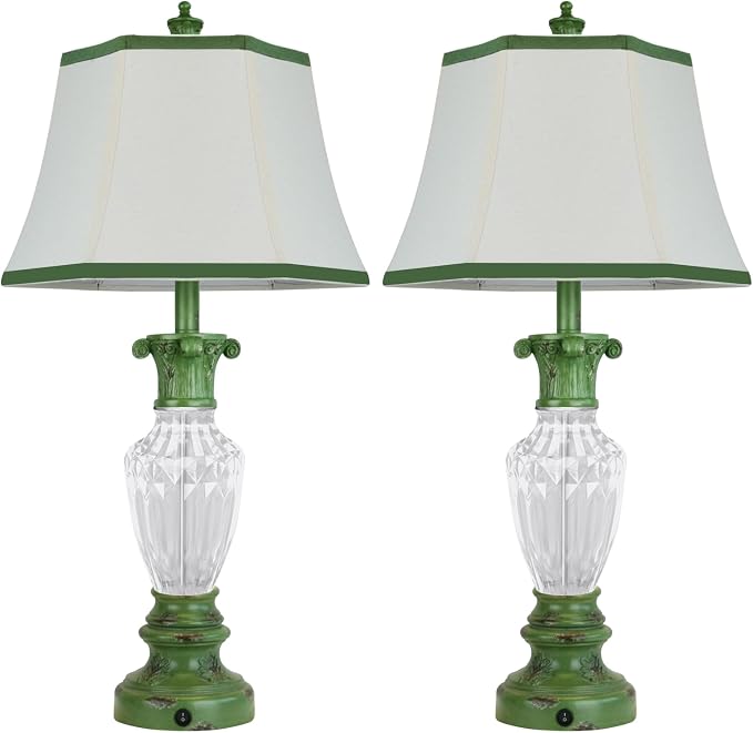 28.5" Vintage Green Table Lamps Set of 2 with Glass Nightlight | Farmhouse Lamps for Living Room Bedroom, 3-Color Temperature Bedside Lamp, Vintage Resin Lamp with Nightlight, Bulbs Included
