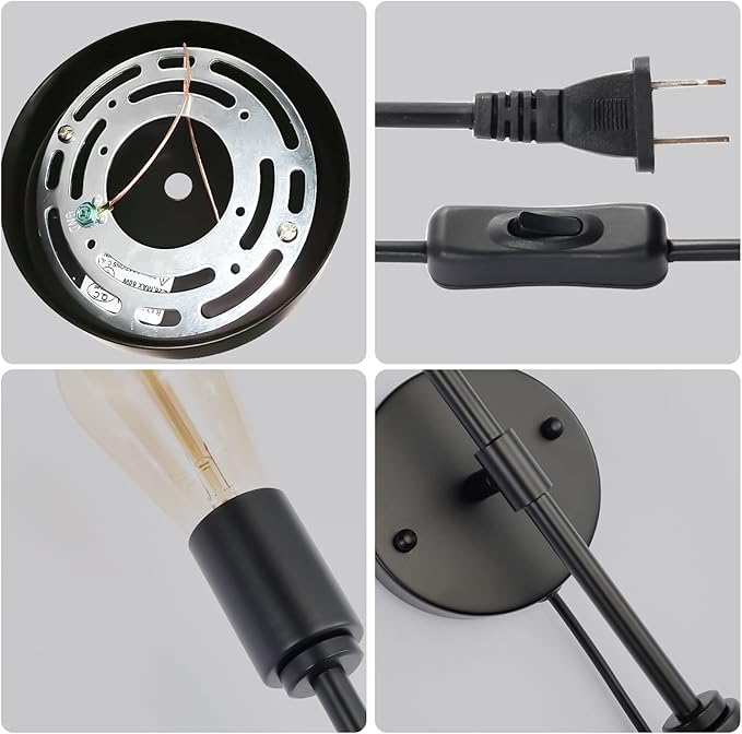 2-Light Black Bathroom Vanity Light Fixtures,Modern Industrial Wall Light Fixtures with On/Off Switch Cord, Plug in Wall Sconce Set of Two for Living Room Bathroom Farmhouse Dining Room