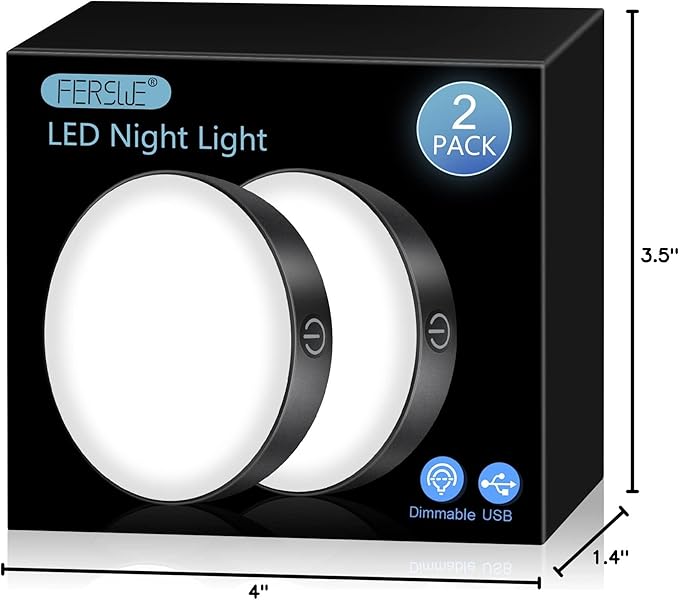 Ferswe Rechargeable Tap Light 6000K, Dimmable Touch Light with 1000mAh Large Battery,Brightness Adjustable, Stick on Lights for Closet, Cabinet, Counter, Kitchen, Bedroom and Wall(2 Pack)