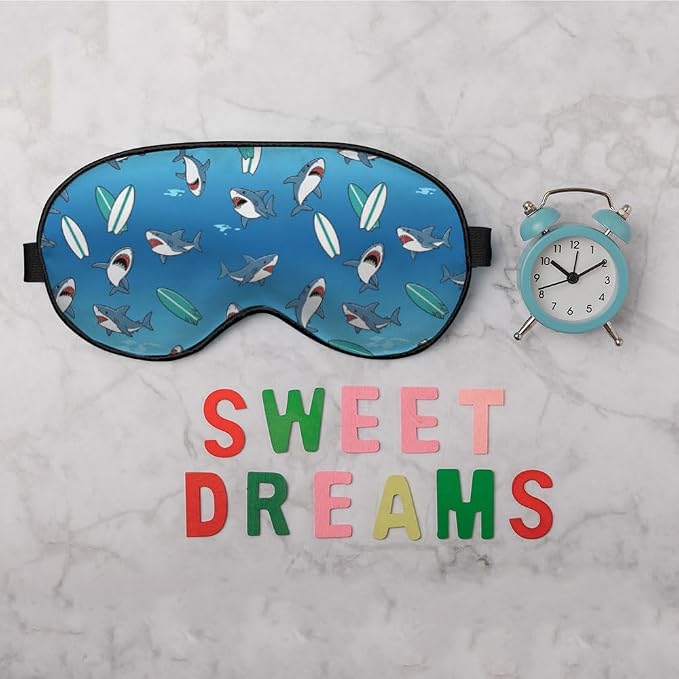 Blue Sharks Sleep Mask Eye Mask Ocean Sea Animal Fish Marine Funny Cute Wildlife Surfboard Sleep Mask Light Blocking Adjustable Smooth Soft for Women Deep Rest Travel