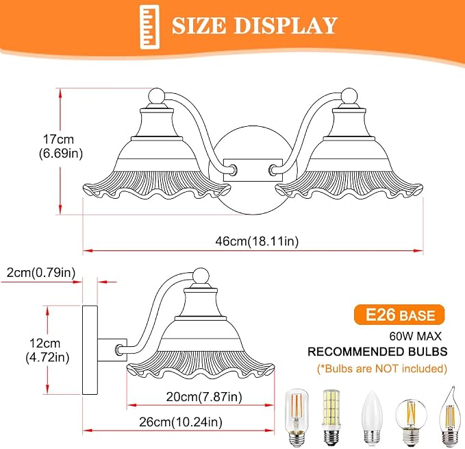 Bright Brushed Gold Bathroom Vanity Light Vintage Style, E26 Easy Mounted | Vanity Light with Flower Glass Shades, 18" Wide Bathroom Lighting Over Mirror, Easy Mounted for Bathroom, Bedroom, Hallway