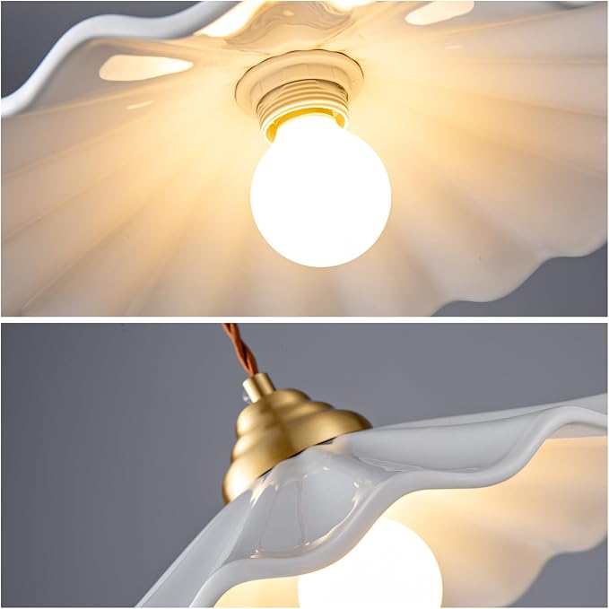 Ceramic Pendant Light, Vintage Pendant Light Fixture with Pleated Ceramic Lmapshade, White Porcelain Pendant Light, Hanging Light for Hallway Kitchen Island Dining Room, 11.8in