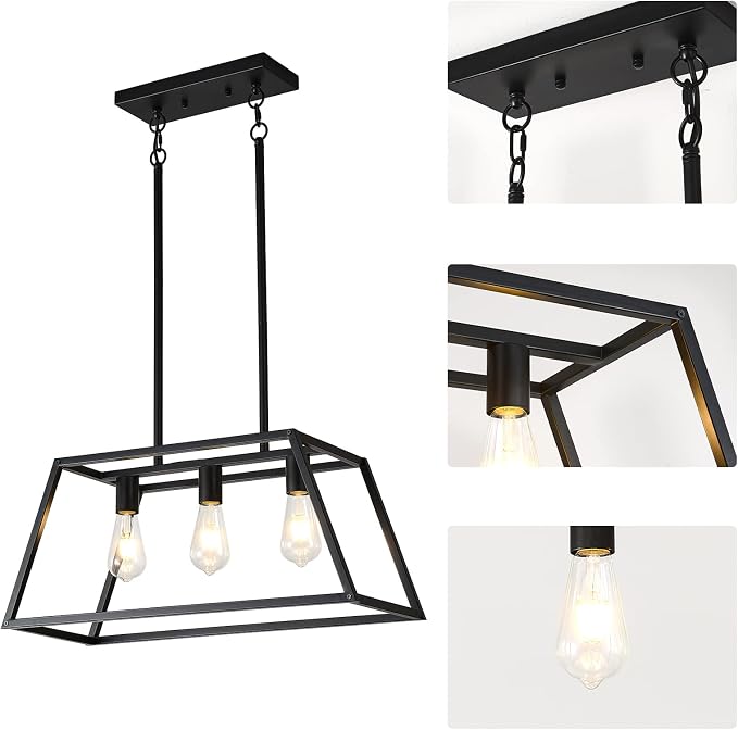 Kitchen Lighting Fixtures Ceiling Hanging Modern Linear Hanging Matte Black 3-Light Industrial Pendant Lighting for Kitchen Island