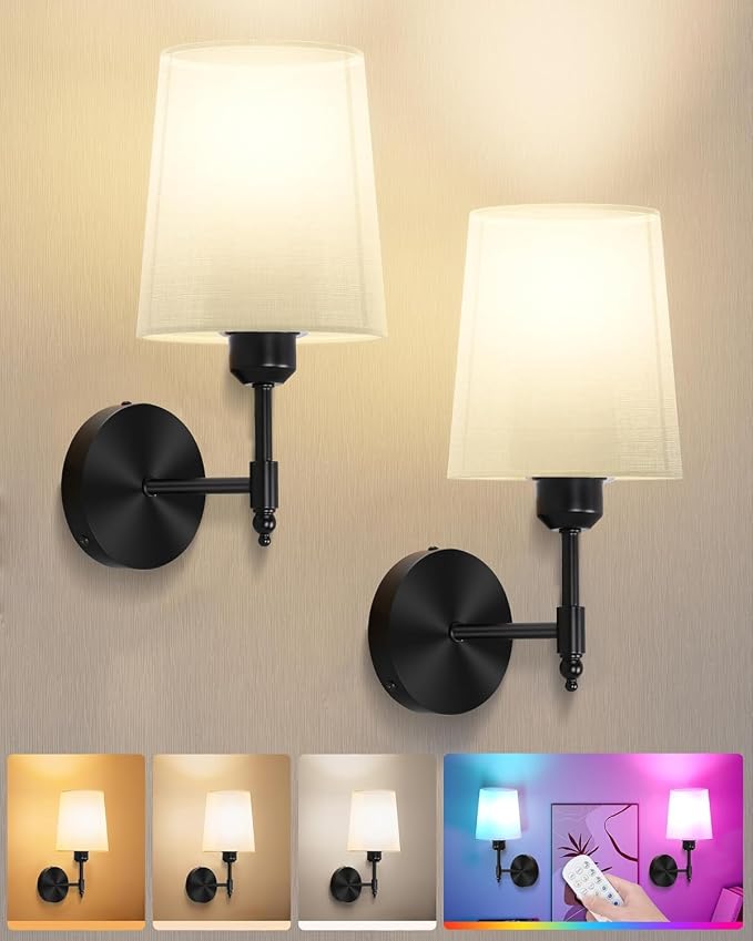 Battery Operated Wall Sconces Set of 2, Wireless Rechargeable Dimmable Wall Light with 5600mAh RGB Bulb and Remote for Bedroom, Living Room, Hallway, Black, 13.5in