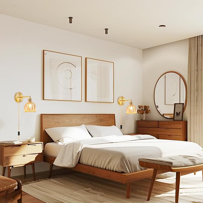 Plug in Wall Sconce, Vintage Sconce Light with Tulip Amber Glass Lampshade, Bedside Wall Sconce with Switch and Plug in Wall Lamp Cord, Gold Wall Light for Bedroom
