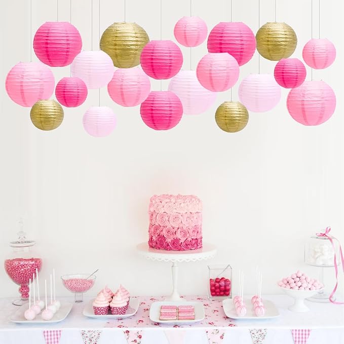 Paper Lanterns Party Decorations, Hanging Round Chinese Lanterns for Graduation Baby Shower Pink Birthday Decorations Pack of 20 Pink Gold