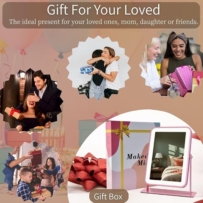 Pink LED Makeup Mirror with Lights β Rechargeable Wireless Vanity Mirror for Desk β Adjustable Brightness, 3 Color Lights Option β Ideal Gift for Women, Teens, Moms