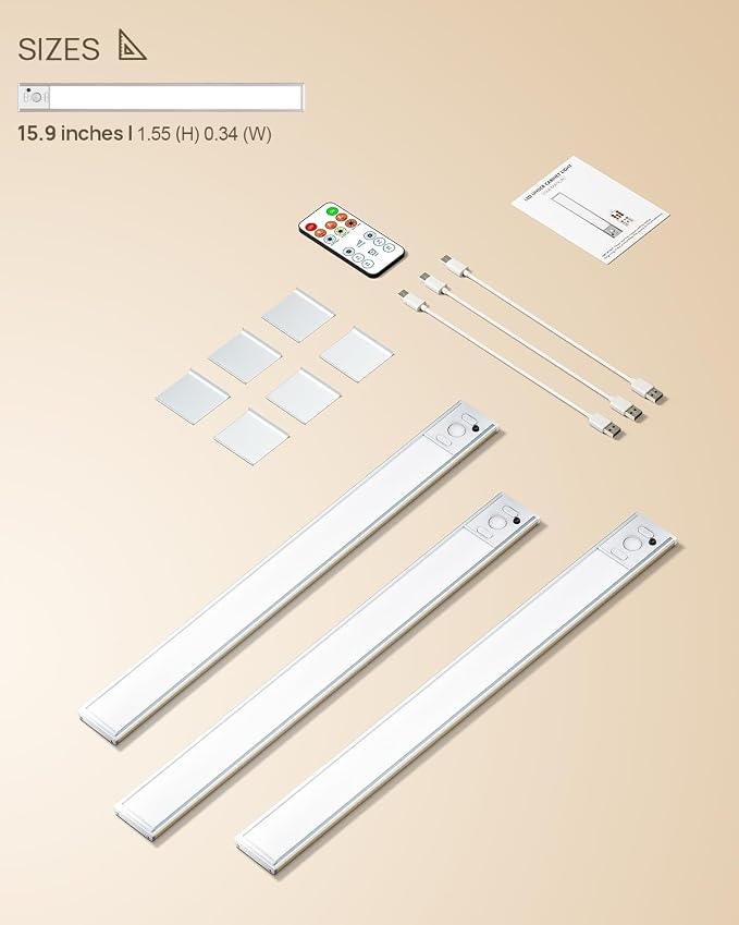 16inch Under Cabinet Lighting Wireless 3 Pack, Rechargeable Motion Sensor Light Indoor, Closet Lights with Remote, 3 Color Temps & Dimmable, Magnetic Under Counter Lights for Kitchen, Stairs, Pantry