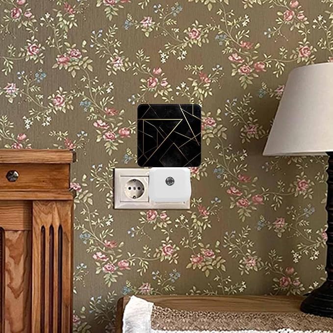 Triangular Gold Trimmed Design Night Light Black Plug into Wall with Dusk to Dawn Light Sensors 0.5W Warm Nightlights for Bedroom Bathroom Hallway