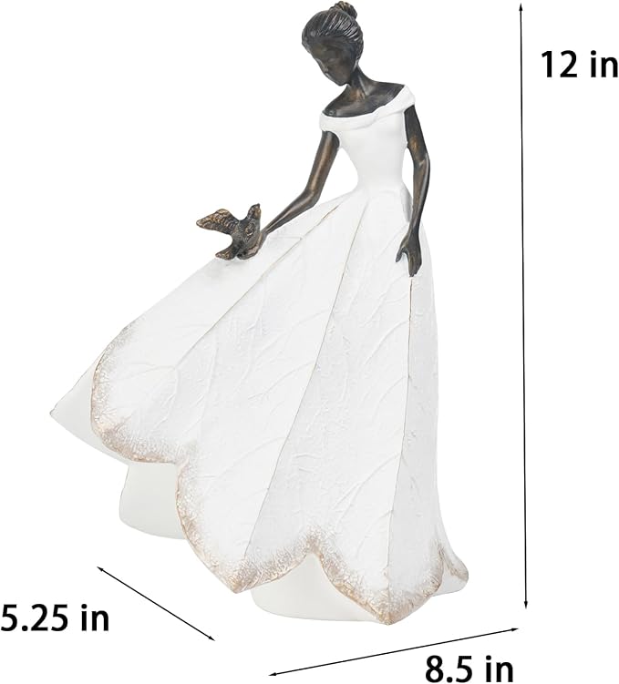 Guichifun Fairy Statue, White, 8.5 x 5.25 x 12 Inch | Leaf Angel Girls With Bird, Resin, Indoor Outdoor Yard Decorations, Figurines, Retirement Gift