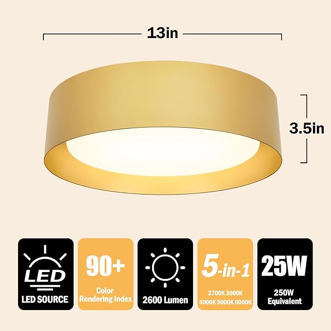 Flush Mount Ceiling Light, 16in Modern Ceiling Light 5 Color Temperature | 25W Bathroom Ceiling Light Fixture, 2600LM Dimmable LED Flush Mount Light for Bedroom, Hallway, Kitchen, Gold